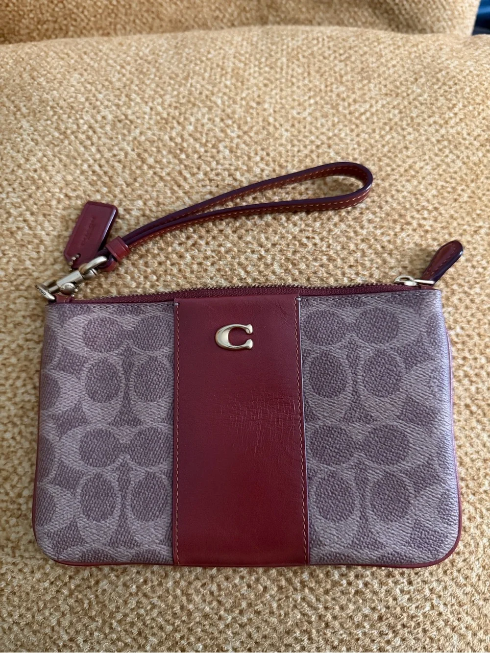 Coach Burgundy Signature Canvas Wristlet with Leather Trim
